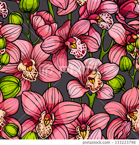 Pink orchids, seamless vector pattern. hand drawn illustration Pink orchids, seamless vector pattern. hand drawn illustration 133223798