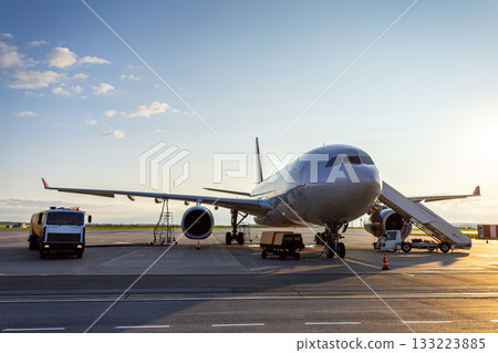 Wide body passenger airliner with boarding ramp at the airport. Airfield tanker refueling an aircraft Wide body passenger airliner with boarding ramp at the airport. Airfield tanker refueling an aircraft 133223885