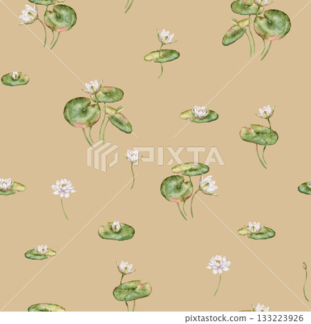 Seamless watercolor pattern featuring delicate white water lilies with green leaves. Hand-drawn lotus flowers on an isolated background, perfect for textiles and wrapping paper. Seamless watercolor pattern featuring delicate white water lilies with green leaves. Hand-drawn lotus flowers on an isolated background, perfect for textiles and wrapping paper. 133223926
