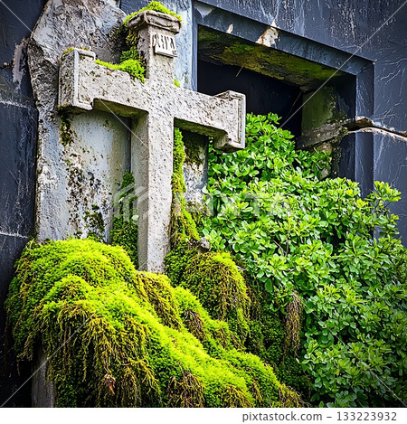 Moss covered cross is on a wall 133223932