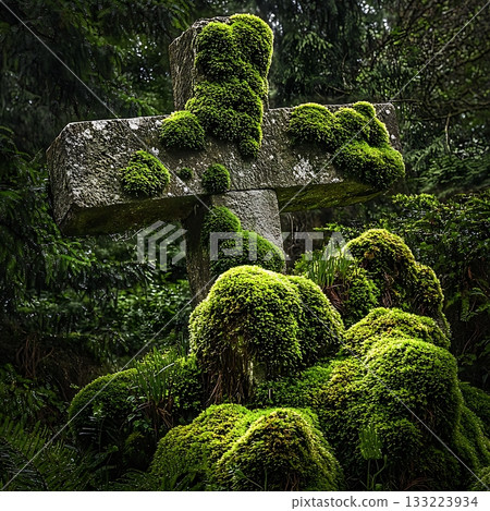 Moss covered cross is surrounded by green plants Moss covered cross is surrounded by green plants 133223934