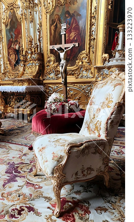 Chair with a crucifix on top of it 133223970