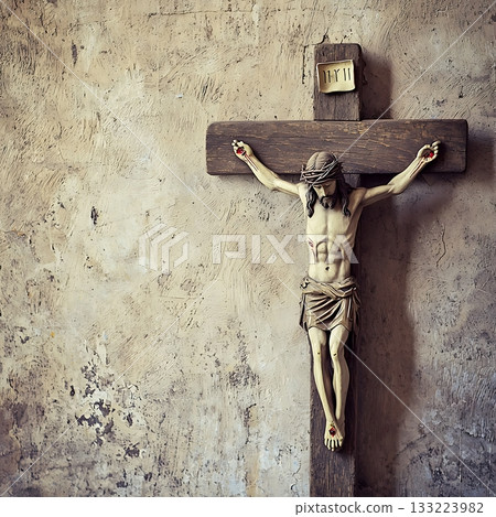 Wooden cross with a man on top of it, with the letters JV on the cross Wooden cross with a man on top of it, with the letters JV on the cross 133223982