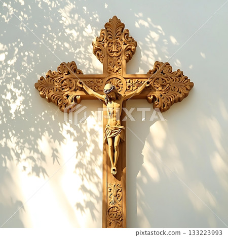 Wooden cross with a man in the center, Jesus Christ Wooden cross with a man in the center, Jesus Christ 133223993