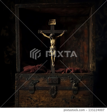 Gold cross is displayed in a wooden box 133224007