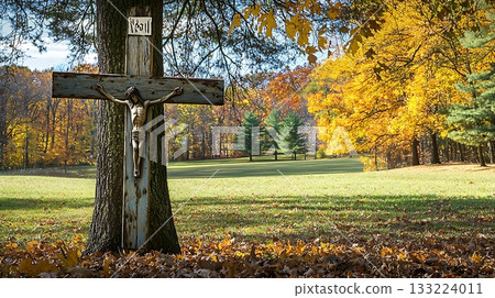 Cross is standing in a field of grass with leaves on the ground Cross is standing in a field of grass with leaves on the ground 133224011