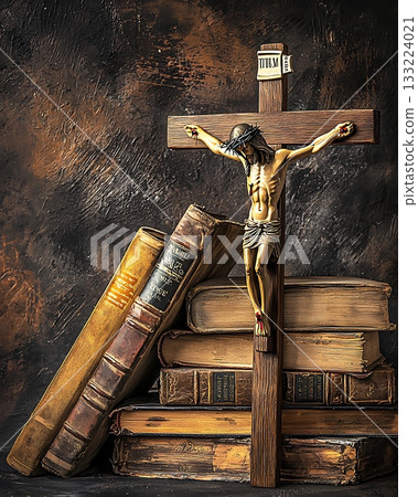 Wooden cross is on top of a stack of books 133224021