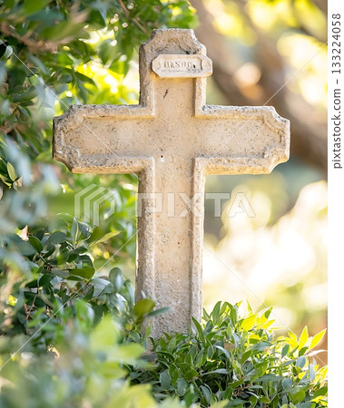 Small white cross with the name Brandon on it is sitting in a bush 133224058