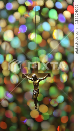 Gold cross with a man on it hangs from a string 133224092