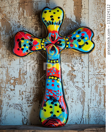 Colorful cross with a yellow tip and red and blue wings 133224112