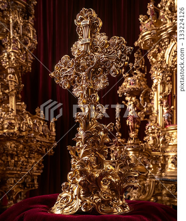 Gold cross with a red background Gold cross with a red background 133224126