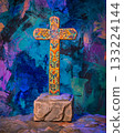 Colorful cross is on a stone pedestal 133224144