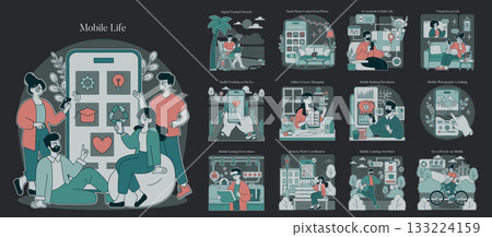 Vector illustration depicting the modern digital lifestyle with mobile devices. Includes smart home control, online shopping, health tracking, and remote work, highlighting tech integration in daily Vector illustration depicting the modern digital lifestyle with mobile devices. Includes smart home control, online shopping, health tracking, and remote work, highlighting tech integration in daily 133224159