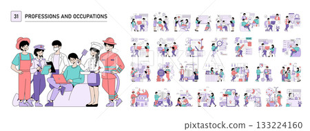 Vector illustration showcasing various professions and occupations with diverse characters engaging in different roles such as chef, firefighter, doctor, teacher, and more, promoting inclusivity. 133224160