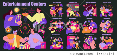 Engaging vector illustration depicting diverse activities at entertainment centers. People playing games, VR attractions, and enjoying festive interactions for a fun-filled atmosphere. Engaging vector illustration depicting diverse activities at entertainment centers. People playing games, VR attractions, and enjoying festive interactions for a fun-filled atmosphere. 133224171