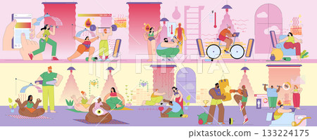 Vector illustration depicting diverse individuals engaging in various fitness and wellness activities, including weightlifting, meditation, cycling, and stretching. The scene emphasizes active Vector illustration depicting diverse individuals engaging in various fitness and wellness activities, including weightlifting, meditation, cycling, and stretching. The scene emphasizes active 133224175