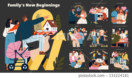Vector illustration depicting a family's life journey with milestones like starting a family, moving to a new home, expecting a baby, and celebrating achievements. Emotions of joy, love, and support Vector illustration depicting a family's life journey with milestones like starting a family, moving to a new home, expecting a baby, and celebrating achievements. Emotions of joy, love, and support 133224181