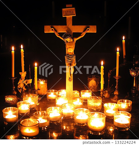 Lit candle and a cross with the letters "3ts" on it Lit candle and a cross with the letters "3ts" on it 133224224