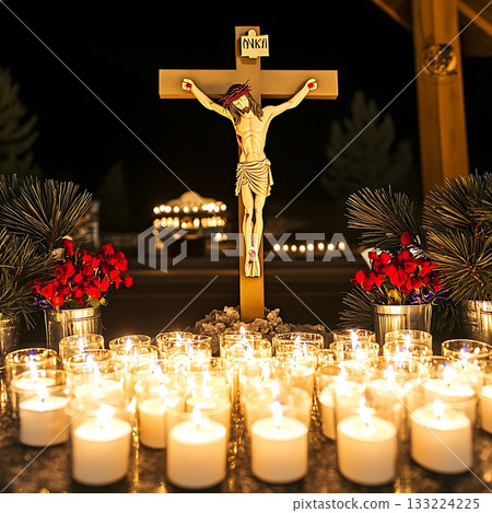 Cross with a statue of Jesus Christ on it is lit up with candles Cross with a statue of Jesus Christ on it is lit up with candles 133224225