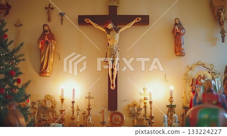Small room with a cross and a statue of Jesus Christ Small room with a cross and a statue of Jesus Christ 133224227