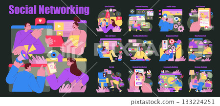 Vector illustration showing people engaging with social networking platforms, highlighting themes like digital interaction, content creation, and online connection across multiple devices. 133224251