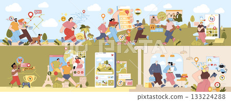 Vector illustration depicting diverse people engaged in group activities, utilizing geolocation, mobile apps, and gaming elements. A variety of social and digital interactions are shown. Vector illustration depicting diverse people engaged in group activities, utilizing geolocation, mobile apps, and gaming elements. A variety of social and digital interactions are shown. 133224288