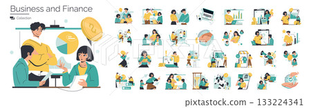Vector illustration set depicting various business and finance concepts, including teamwork, financial analysis, and strategic planning, with individuals interacting with charts, graphs, and coins. 133224341