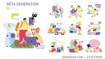 Illustration depicting children interacting with technology, including AI friends, wearable tech, and educational apps. Emphasizes child-friendly digital tools and family engagement. Illustration depicting children interacting with technology, including AI friends, wearable tech, and educational apps. Emphasizes child-friendly digital tools and family engagement. 133224343