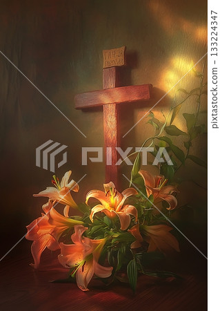 Wooden cross is placed on a table with a bunch of flowers 133224347