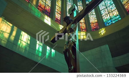 Cross is suspended from the ceiling of a church Cross is suspended from the ceiling of a church 133224369