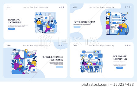 Vector illustrations depicting various aspects of online learning and collaboration. Sets include scenes of interactive quizzes, global learning networks, and corporate e-learning sessions. Vector illustrations depicting various aspects of online learning and collaboration. Sets include scenes of interactive quizzes, global learning networks, and corporate e-learning sessions. 133224458