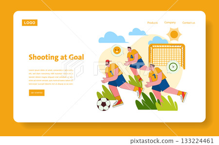 Vector illustration of soccer players in action as they aim and shoot at a goal during a match. The players show dynamic movement and focus in a competitive game setting. 133224461