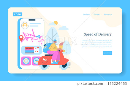 Vector illustration showcasing a person on a scooter delivering medicine with a smartphone displaying a map and navigation. The design highlights quick and efficient delivery services. 133224463