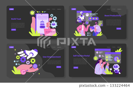 Set of vector illustrations featuring technology and teamwork concepts. Includes payment trust, productivity boost, user empowerment, and self-service portal themes. Vibrant and modern designs for 133224464