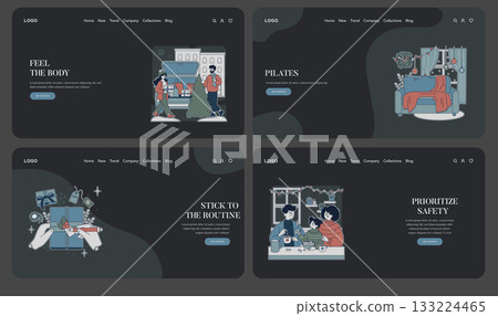 Set of four vector illustrations showing winter holiday preparations, pilates practice, gift exchange, and a family enjoying breakfast together. Each image captures warm, festive emotions. Set of four vector illustrations showing winter holiday preparations, pilates practice, gift exchange, and a family enjoying breakfast together. Each image captures warm, festive emotions. 133224465