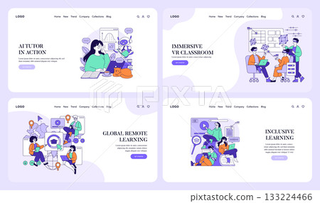 Vector illustration set depicting advanced learning scenes. Includes AI tutors, immersive VR classrooms, global remote learning, and inclusive education with diverse participants. Vector illustration set depicting advanced learning scenes. Includes AI tutors, immersive VR classrooms, global remote learning, and inclusive education with diverse participants. 133224466