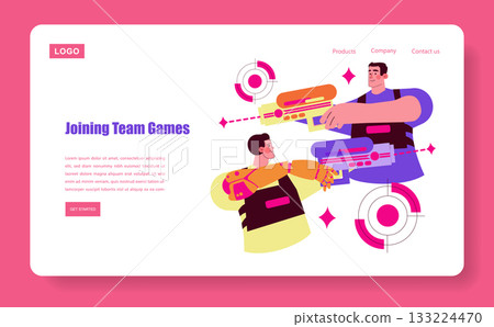 Vector illustration depicting two people engaging in a laser tag game, aiming at each other with smiling expressions. The bright design emphasizes teamwork and fun. Vector illustration depicting two people engaging in a laser tag game, aiming at each other with smiling expressions. The bright design emphasizes teamwork and fun. 133224470