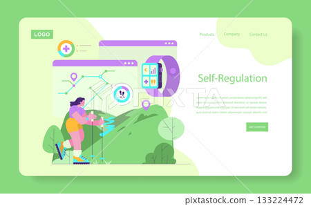 Vector illustration showcasing a woman hiking in nature while using a digital fitness tracker. The imagery highlights self-regulation, smart technology, and outdoor activity monitoring. 133224472