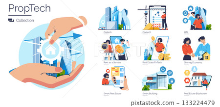 PropTech collection vector illustration highlighting advancements in smart real estate technology, fintech integration, and smart building designs. Concepts include BIM, sharing economy, and PropTech collection vector illustration highlighting advancements in smart real estate technology, fintech integration, and smart building designs. Concepts include BIM, sharing economy, and 133224479