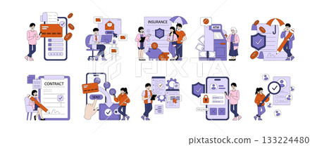 Vector illustrations depicting financial and insurance activities, including online transactions, insurance discussions, ATM withdrawals, securing contracts, and data protection. Ideal for business Vector illustrations depicting financial and insurance activities, including online transactions, insurance discussions, ATM withdrawals, securing contracts, and data protection. Ideal for business 133224480