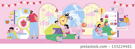 Vector illustration of a family engaged with digital devices highlighting cybersecurity. Includes concepts like parental control and online safety, emphasizing secure internet practices. 133224481