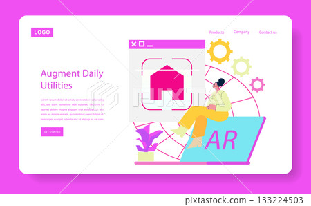 Vector illustration depicting a woman interacting with an augmented reality interface, featuring daily utility icons and gear settings. Bright colors enhance the futuristic theme. 133224503