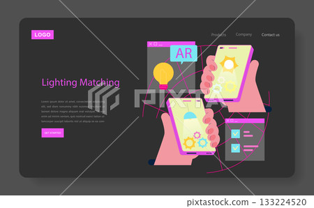 Vector illustration of hands holding smartphones for augmented reality lighting matching. Displays interactive design with light bulbs and settings options on screens. Vector illustration of hands holding smartphones for augmented reality lighting matching. Displays interactive design with light bulbs and settings options on screens. 133224520
