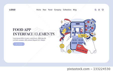 Vector illustration showcasing a food delivery app interface design, featuring hands interacting with a smartphone to track delivery time. Perfect for mobile app development concepts. Vector illustration showcasing a food delivery app interface design, featuring hands interacting with a smartphone to track delivery time. Perfect for mobile app development concepts. 133224530