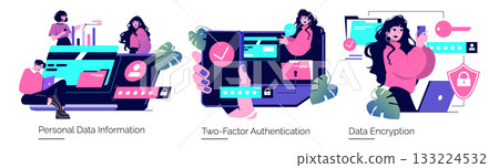 Vector illustration showing three scenes on data management: personal data handling, two-factor authentication, and data encryption. Highlights cybersecurity concepts and secure digital practices. Vector illustration showing three scenes on data management: personal data handling, two-factor authentication, and data encryption. Highlights cybersecurity concepts and secure digital practices. 133224532