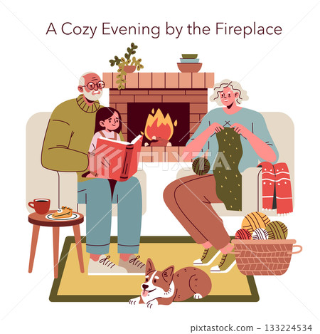 Family gathered around the fireplace on a cozy evening. One person is knitting while another reads to a child. A relaxed dog lies nearby, completing the warm, homely atmosphere. 133224534