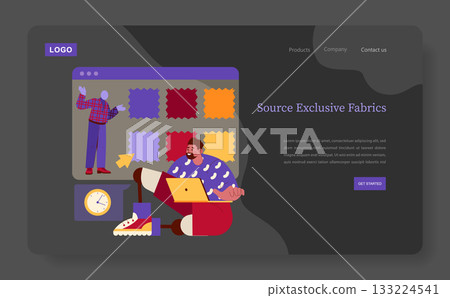 Vector illustration of a web interface for fabric sourcing featuring a cheerful team collaborating and discussing swatches. Vibrant colors and a modern design enhance the creativity. Vector illustration of a web interface for fabric sourcing featuring a cheerful team collaborating and discussing swatches. Vibrant colors and a modern design enhance the creativity. 133224541