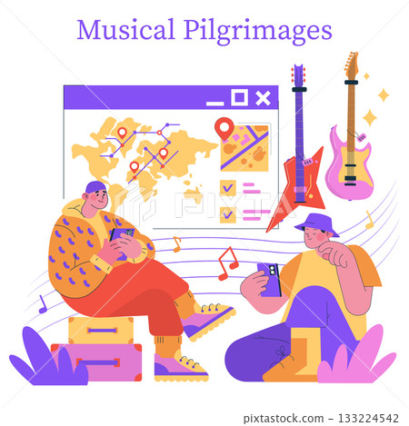 Vector illustration depicting two people planning musical journeys with a world map and guitars. They engage with mobile devices, showing excitement and interest in musical travel. Vector illustration depicting two people planning musical journeys with a world map and guitars. They engage with mobile devices, showing excitement and interest in musical travel. 133224542