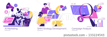 Vector illustration showing AI marketing with a robot, SMM strategy development with professionals analyzing charts, and campaign analysis tools. Ideal for digital marketing concepts. Vector illustration showing AI marketing with a robot, SMM strategy development with professionals analyzing charts, and campaign analysis tools. Ideal for digital marketing concepts. 133224543