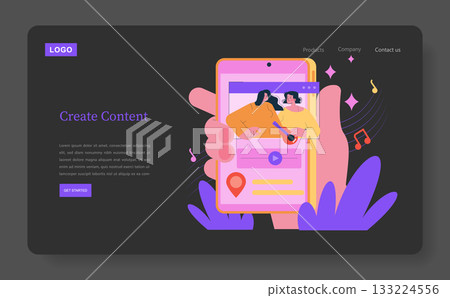 Vector illustration depicting a mobile phone showing two people creating content with music elements. The vibrant design highlights digital creativity and content creation tools. 133224556